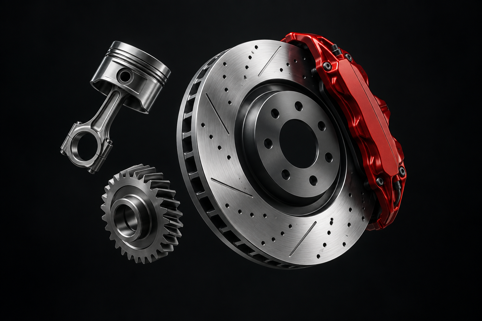 Sculptural arrangement of silver automotive components and a red brake caliper